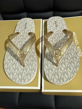 Michael Kors Gold Glitter Logo Thong Sandals